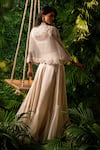 Shop_Pallavi Poddar_Ivory Dupion Embroidery Thread High Neck Scallop Hem Cape And Tiered Skirt Set _at_Aza_Fashions