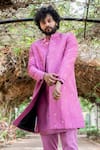 Shop_Hilo Design_Purple Dupion Silk Embroidery Checkered Sherwani Set _at_Aza_Fashions