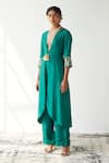 Shop_Esha Arora_Green Silk Sequin, Zari And Bead Work Deep V Neck Jacket Kurta And Pant Set _at_Aza_Fashions