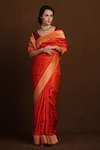 Shop_Devissha_Orange Pure Katan Silk Handwoven Floral Tanchoi Handloom Banarasi Saree _at_Aza_Fashions