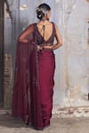 Nitika Gujral_Maroon Saree Satin Embroidered Bead Plunge V Draped With Neck Blouse _Online_at_Aza_Fashions