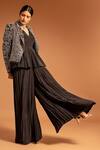 Shop_Sejal Kamdar_Black Pure Satin Crepe Print Ajrak Shawl Jacket And Pleated Pant Set  _at_Aza_Fashions