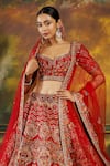 Shop_Pallavi Poddar_Red Raw Silk Embroidery Resham Leaf Neck Dehli Kali Bridal Lehenga Set _at_Aza_Fashions