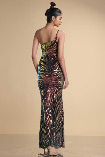 Shop_Kommal Sood_Multi Color Lycra, Net Sequins Graphic Pattern Work One Shoulder Gown _at_Aza_Fashions