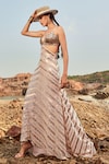 Shop_Nandita Thirani_Beige Lycra Embroidery Sequin V Neck Waist Cutout Gown _at_Aza_Fashions