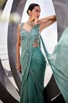 Shop_Awigna_Green Georgette, Organza Beads, Mirzya Pre-draped Saree With Embroidered Blouse_at_Aza_Fashions