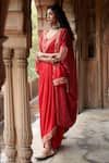 Shop_Pink City by Sarika_Red Silk Embroidered Zari Cape Open Bandhani Pattern Draped Saree Set _at_Aza_Fashions