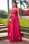 Shop_Soniya G_Fuchsia Handmade Cotton Striped Pattern Sweetheart Lurex Blouse And Palazzo Set _at_Aza_Fashions