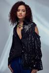 Shop_Style Junkiie_Black Georgette Sequin And Glass Beads Work Shirt Collar Cold Shoulder Sleeve_at_Aza_Fashions