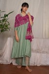 Shop_Pants And Pajamas_Green Chanderi, Cotton, Crayon Moss Chikankari Kurta Pant And Dupatta - Set Of 3 _at_Aza_Fashions
