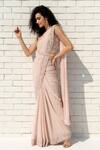 Shop_Talking Threads_Pink Georgette Pearls, Crystals Sweetheart Neck Embroidered Saree With Blouse _at_Aza_Fashions