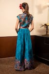 Shop_Soniya G_Blue Satin Printed Floral V Neck Top And Pleated Pant Set _at_Aza_Fashions