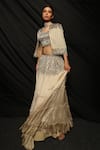 Shop_Sejal Kamdar_Cream Organza And Embroidery Ajrakh Scoop Jacket & Layered Lehenga Set _at_Aza_Fashions