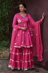 Shop_NEHA SAXENA_Pink Modal Silk Hand Painted Roses V Embroidered Kurta Gharara Set  _at_Aza_Fashions