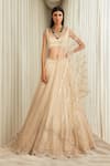 Shop_Sawan Gandhi_Beige Net Embroidered Floral V Neck Bridal Lehenga Set _at_Aza_Fashions