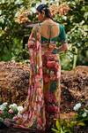 Shop_Lashkaraa_Multi Color Chiffon, Satin Crystals V-neck Floral Print Pre-draped Saree Set_at_Aza_Fashions