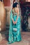 Show Shaa_Blue Blouse- Satin Embellished Floral Scoop Splash Print Saree With _Online_at_Aza_Fashions