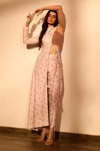 Shop_Pasha India_Pink Linen Embroidery High Neck, Floral Print Asymmetric Kurta And Dhoti Pant Set _at_Aza_Fashions