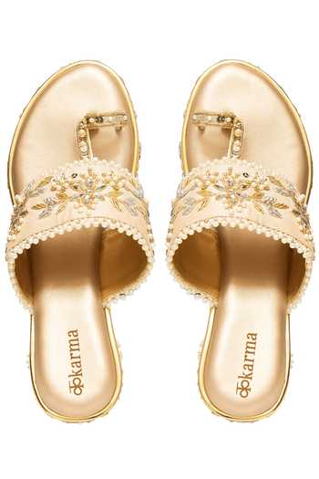Shop_Kkarma Accessories_Gold Neemrana Embroidered Kolhapuri Wedges _at_Aza_Fashions