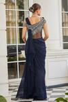 Shop_Charu and Vasundhara_Blue Net Embroidery Bead Broad V Neck Sowri Pre-draped Saree Gown_at_Aza_Fashions