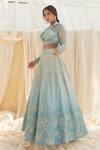 Shop_Megha Bansal_Blue Organza, Chanderi Floral, Gulmohar Fiha Lehenga Blouse Set_at_Aza_Fashions