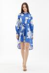 Shop_KoAi_Blue Poplin Cotton Floral Shirt Collar Pattern Dress _at_Aza_Fashions