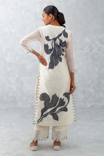 Black - Handpainted Chanderi Silk Kurta Set with Palazzo & Dupatta 07