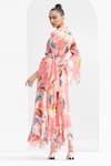 Mandira Wirk_Multi Color Chiffon Leaf V Neck Tropical Asymmetric Hem Dress_Online_at_Aza_Fashions