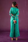 Shop_Kacha Tanka_Green Cotton Satin Applique Floral V Rose Pattern Front Knot Top And Palazzo Set _at_Aza_Fashions