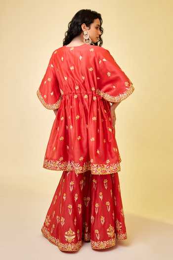 Shop_Shyam Narayan Prasad_Orange Chanderi Silk Embroidery, Gota Patti Open Neck Angrakha And Sharara Set _at_Aza_Fashions