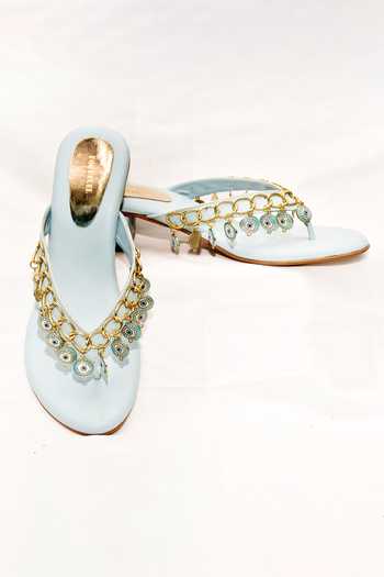Shop_Foot Fuel_Blue Embroidery, Metallic Thread Iganacio Evil Eye Tasselled Heels _at_Aza_Fashions