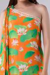 Shop_Tangerine Tiger_Orange 100% Rayon Crepe Lotus Asymmetric Print One Shoulder Dress _at_Aza_Fashions