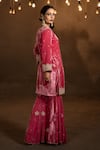 Shop_Glittire by Sakshi Verma_Pink Silk Velvet Embroidery Dabka Leaf Neck Kurta Gharara Set  _at_Aza_Fashions