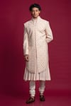 Shop_Jayesh Shah_Peach Cotton Moonga Embroidered Thread Sherwani With Flared Kurta Set  _at_Aza_Fashions