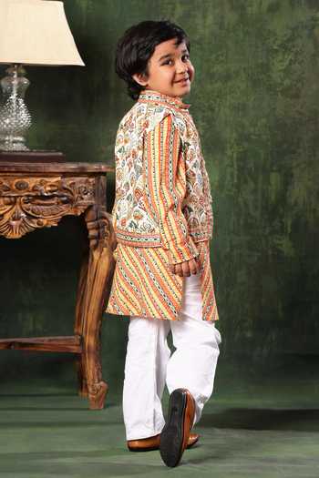 Shop_Littlecheer_Multi Color Satin, Viscose, Gota Printed Nehru Jacket And Kurta Set _at_Aza_Fashions