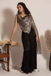 Shop_Vanshika Agarwal Label_Black Lining Taffeta Plain Asymmetric Neck Barbara Draped Top And Pant Set _at_Aza_Fashions