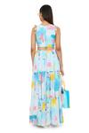 Payal Singhal_Blue Crepe Print Painterly V Neck Waist Cutout Dress _Online_at_Aza_Fashions