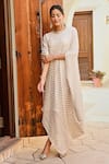 Shop_Palak & Mehak_Ivory Gerogette Lurex Embroidery Ziva Asymmetric Stripe Pattern Dress With Belt _at_Aza_Fashions