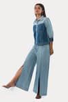 Shop Veera Wear Blue Denim Collared Color Block Shirt And Pant Set at Aza Fashions Shop_Veera Wear_Blue Denim Collared Color Block Shirt And Pant Set_at_Aza_Fashions
