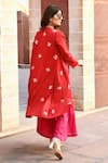 Shop_Gulaal_Red 100% Cotton Hand Embroidered Pithan V Neck Palazzo Set With Cover-up _at_Aza_Fashions