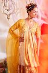 Shop_Mona and Vishu_Yellow Modal Satin Printed And Hand Embroidered Stripe Peplum Kurta Sharara Set _at_Aza_Fashions