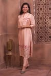 Shop_Geetika Jain_Peach Kurta  Slub Silk Hand Embroidered Floral Sequins Pant Set  _at_Aza_Fashions