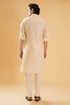 Shop_Raghavendra Rathore Blue_Off White Raw Silk Band Collar Kurta _at_Aza_Fashions