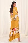 Shop_AK-OK_Yellow Silk Print Ostrich Round Neck Floral Top With Drape Skirt  _at_Aza_Fashions