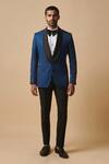 Shop_Philocaly_Blue Wool, Silk Embroidery Floral Pattern Tuxedo Blazer_at_Aza_Fashions