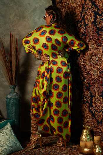 Shop_Esha L Amin_Yellow Modal, Satin V-neck Abstract Flower Print Drawstring Kaftan _at_Aza_Fashions