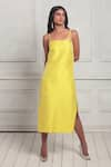 Shop_Couche_Yellow Tussord Tweed Woven Plain Square Neck Midi Slit Dress  _at_Aza_Fashions