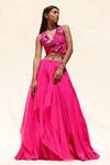 Shop_Richa Khemka_Pink Organza, Bamboo, Taffeta Fringe And Tonal Embellished Blouse & Lehenga Set _at_Aza_Fashions