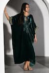 Shop_K-Anshika_Green Velvet Embroidery Zari V Neck Neckline Kurta _at_Aza_Fashions