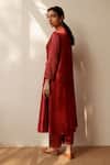 Shop_Dot_Red Maheshwari, Silk, Cotton V-neck Striped Angrakha Kurta And Pant Set _at_Aza_Fashions